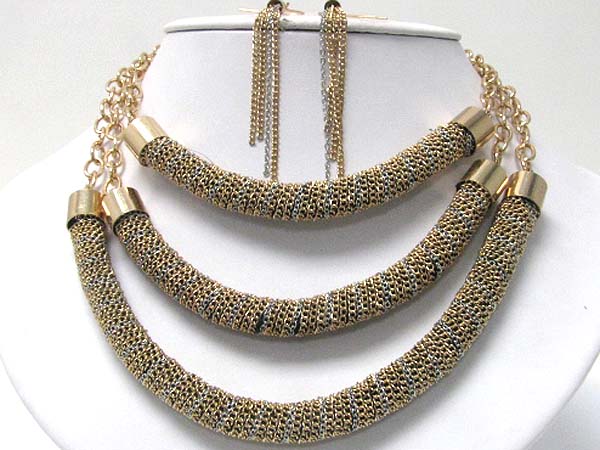 Triple layer metal mesh tube chain link necklace earring set