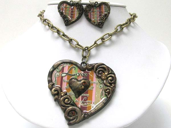 Crystal stud love theme patina heart and beads necklace earring set