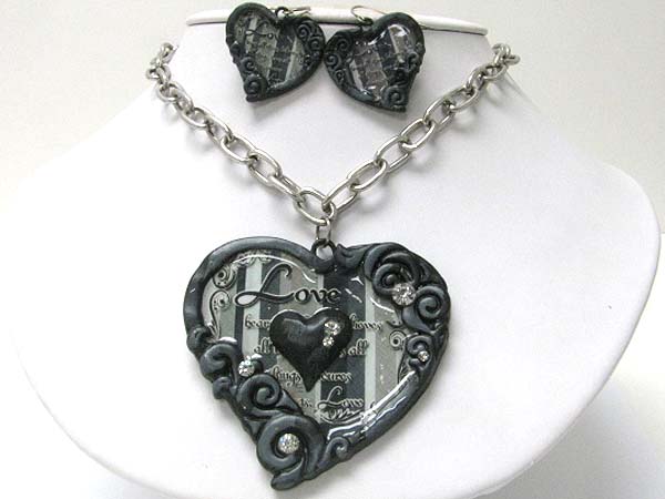 Crystal stud love theme patina heart and beads necklace earring set