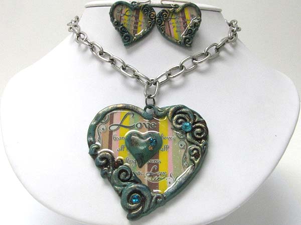 Crystal stud love theme patina heart and beads necklace earring set