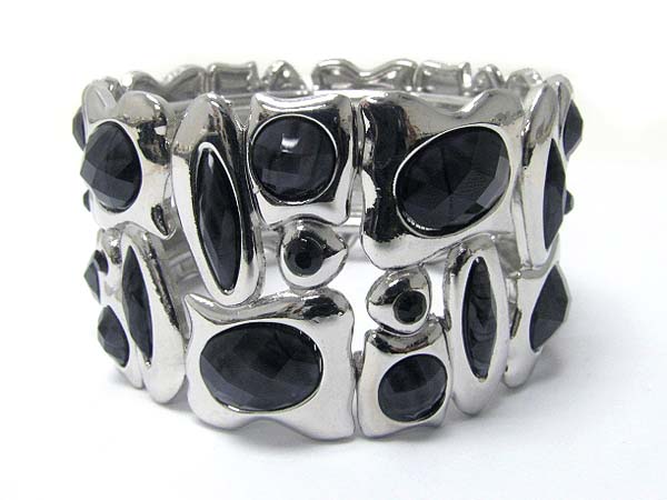 Facet stone deco mixed shape metal link stretch bracelet