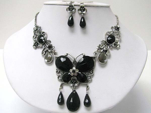 Facet glass stone and crystal butterfly deco metal link necklace earring set