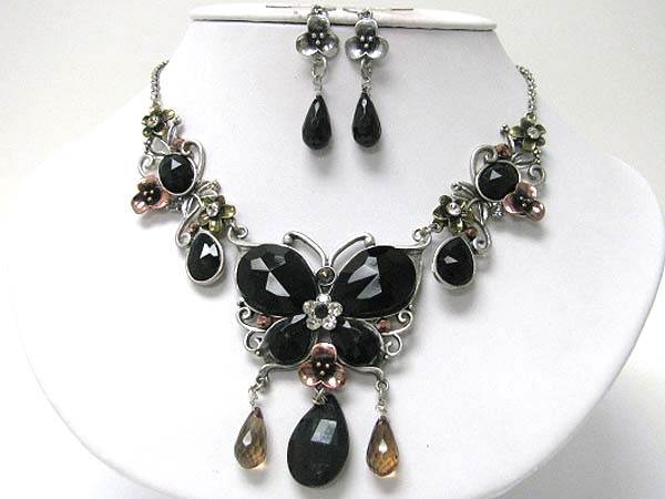 Facet glass stone and crystal butterfly deco metal link necklace earring set