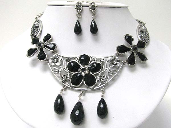 Facet glass stone and crystal flower deco metal link necklace earring set