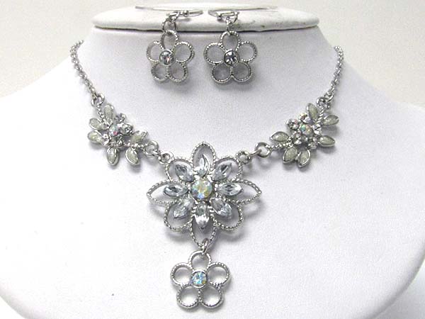 Crystal and metal flower link necklace earrign set