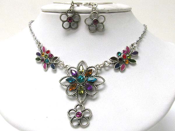 Crystal and metal flower link necklace earrign set