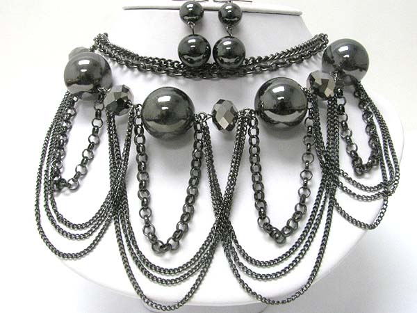 Metal ball and multi row hanging chain necklace earring set