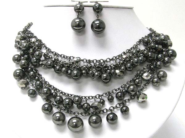 Multi row metal ball dangle chain necklace earring set