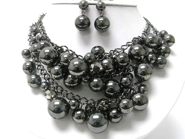 Multi row metal ball cluster dangle chain necklace earring set