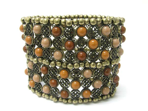 Round stone stud metal filigree tall stretch bracelet