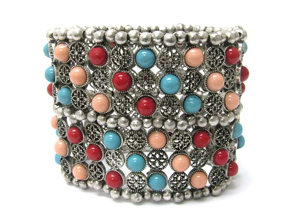 Round stone stud metal filigree tall stretch bracelet