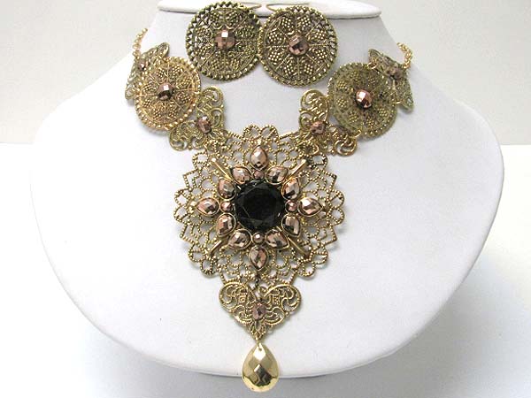 Metal stone deco metal filigree necklace earring set