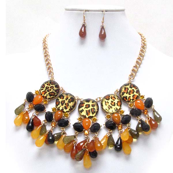 Animal print bubble and multi teardrop acrylic stone deco drop bib style necklace earring set - leopard