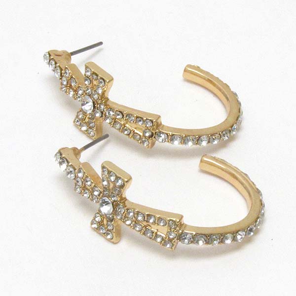 Crystal deco cross half hoop earring