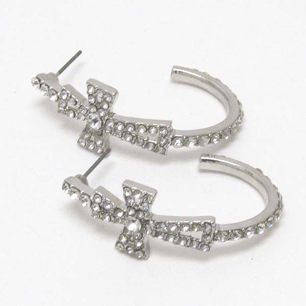 Crystal deco cross half hoop earring