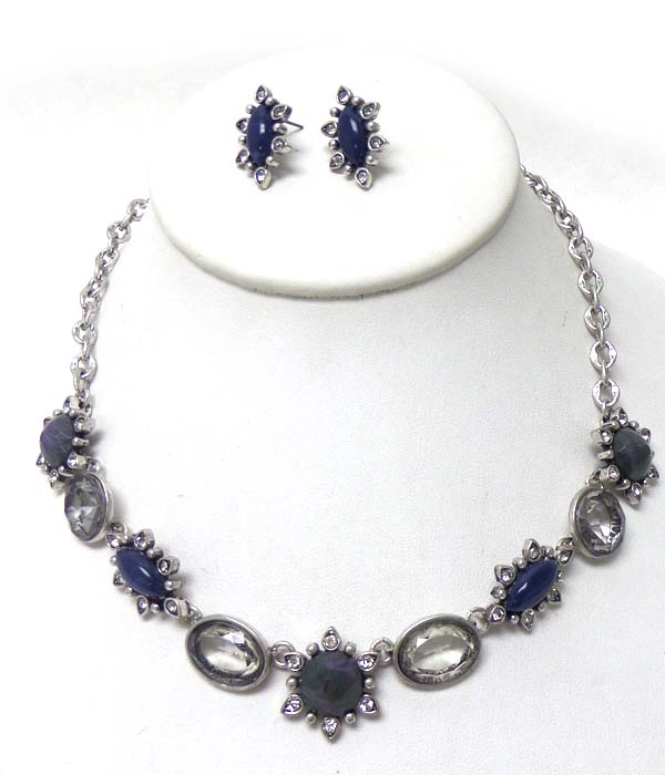 Burn silver crystal and stone linked necklace set 