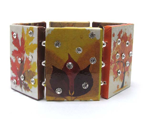 Crystal deco paper art work wood stretch bracelet - fall leaves