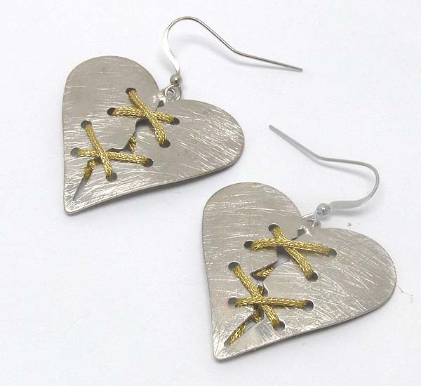 Metal scratch heart with braided cord earring - wear resistant electro plating