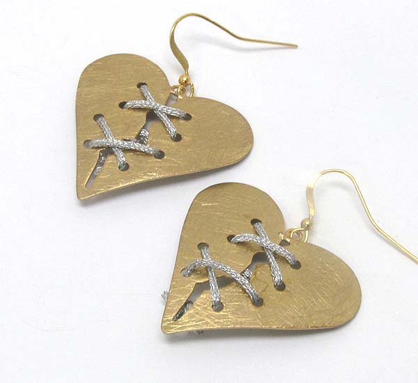 Metal scratch heart with braided cord earring - wear resistant electro plating