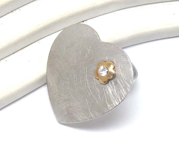 Crystal centered small flower on top metal scratch heart adjustable ring - wear resistant electro plating