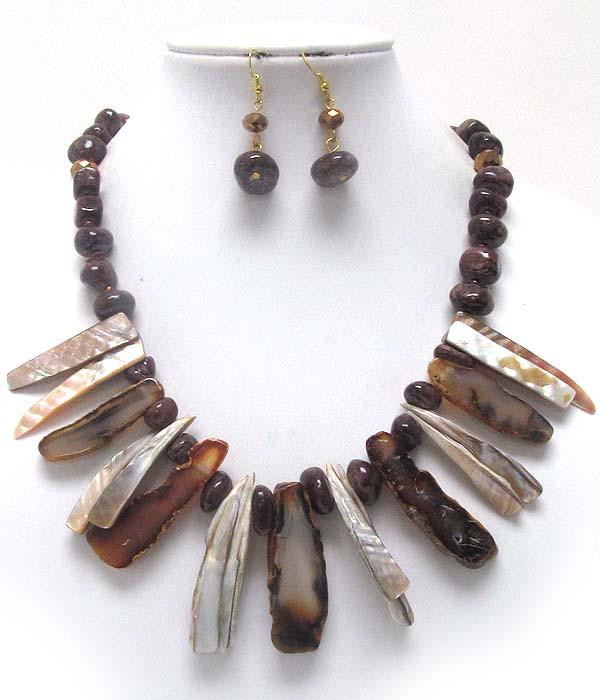 Multi natural stone and shell drop with semi precious stone necklace earring set