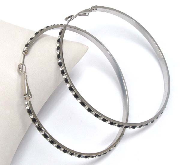 Round metal pattern crystal hoop earring - wear resistant electro plating - hoops