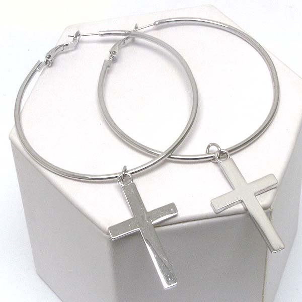 Metal cross dangle hoop earring - wear resistant electro plating - hoops