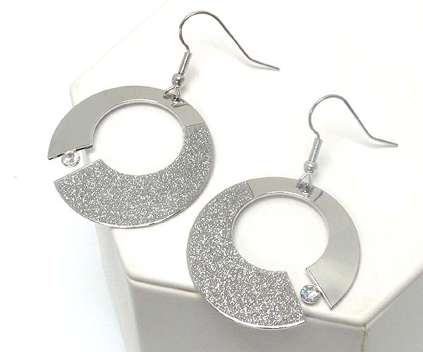 Crystal round half sand paper and plain metal earring - wear resistant electro plating