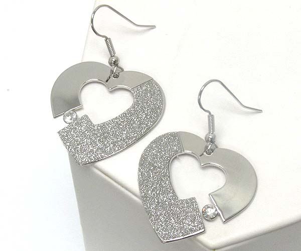 Crystal heart half sand paper and plain metal earring - wear resistant electro plating