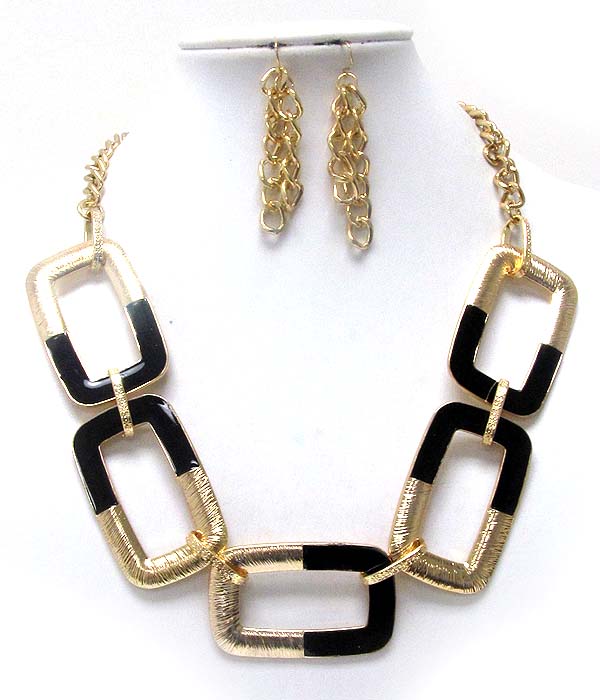 Five scratch and epoxy conectted rectangle chain necklace earring set - wear resistant electro plating