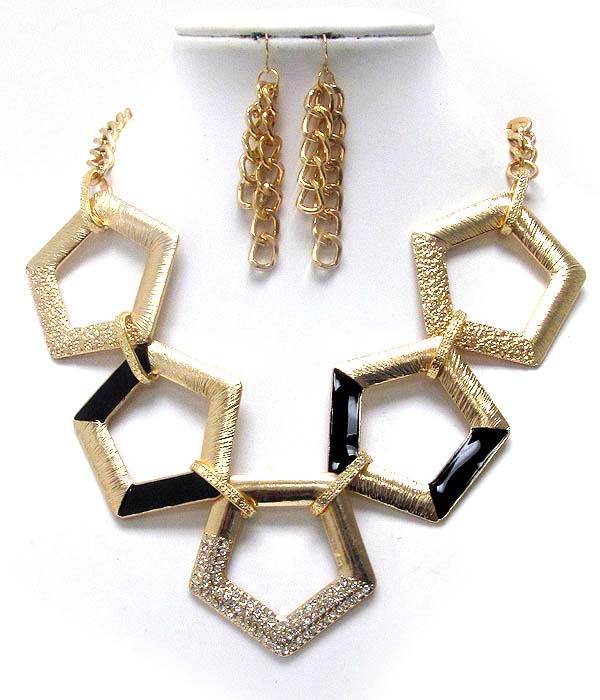 Crystal five scratch and epoxy conectted architectural chain necklace earring set - wear resistant electro plating