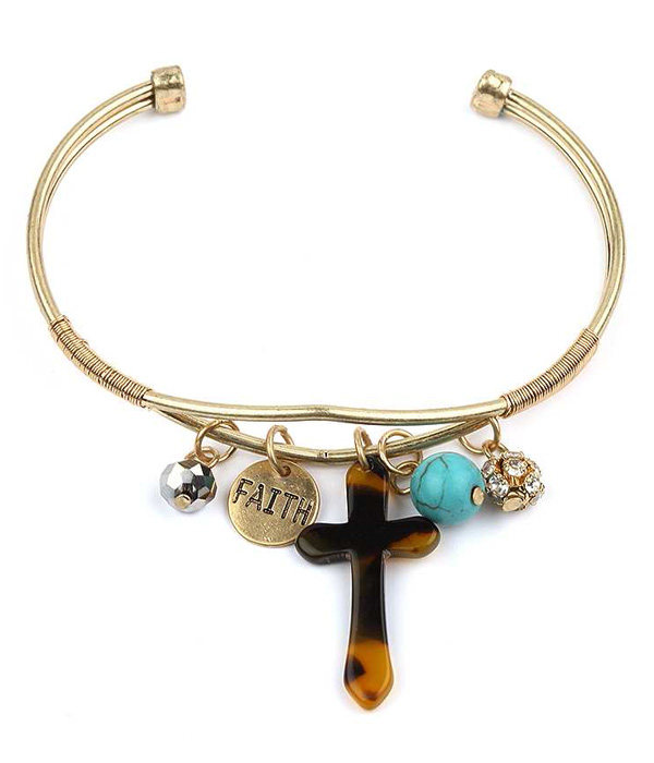 Resin tortoise cross charm wire bangle bracelet