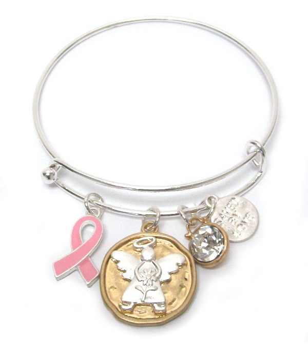 Pink ribbon and angel charm wire bangle bracelet - breast cancer awareness