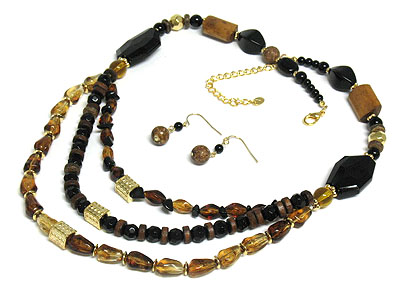 Three row stone and wood beads neckalce and earrign set