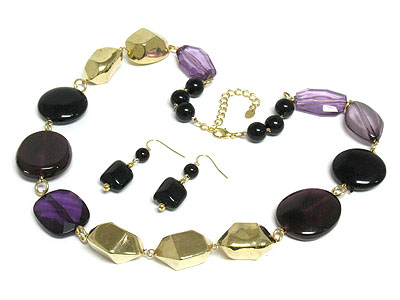 Metal and resin nugget link long necklace and earring set