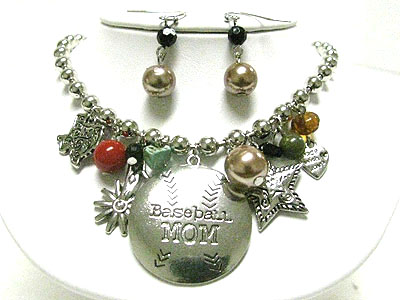 Baseball mom theme and multi beads dangle necklace set