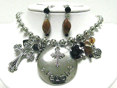 Cross theme and multi beads dangle necklace set