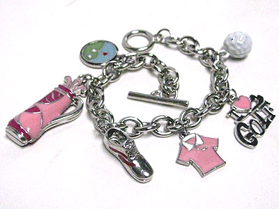 Metal epoxy golf theme multi charm toggle bracelet