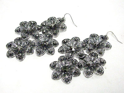 Crystal stud metal filigree flower link drop earring