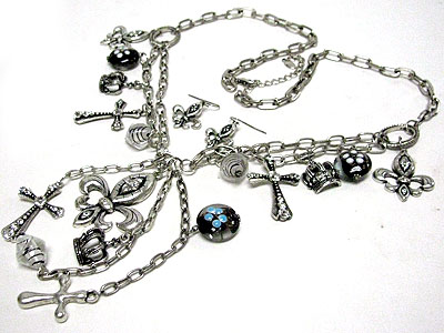 Multi cross and fleur de lis dangle long chain necklace set