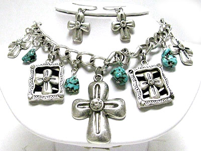 Zebra pattern cross charm and natural stone dangle necklace set