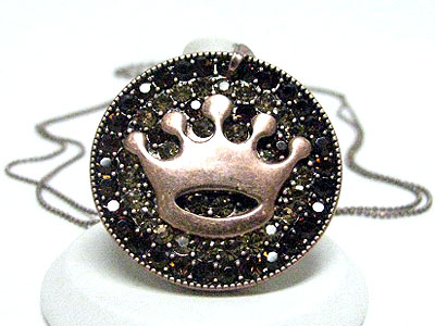 Metal crown crystal round pendant necklace