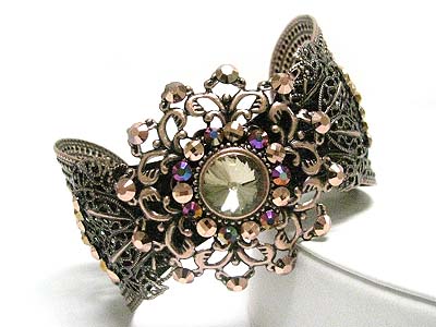 Metallic stone and filigree metal cuff bangle