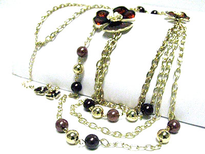 Flower accent metal ball link long chain neckalce set