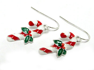 Enameled metal casting christmas candy stick earring