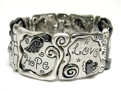 Love hope peace theme black tri tone metal stretch bracelet