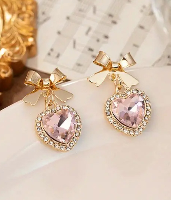 Rhinestone heart and bow earring