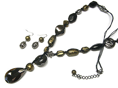 Multi shape patina beads and teardrop necklace and earring set