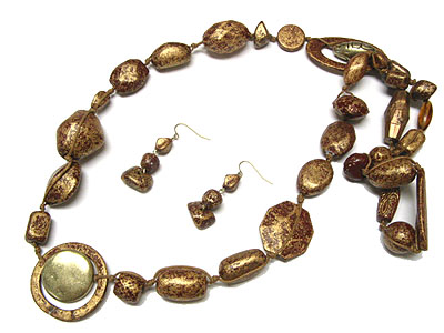 Multi shape patina beads and hoop long  necklace and earring set - hoops