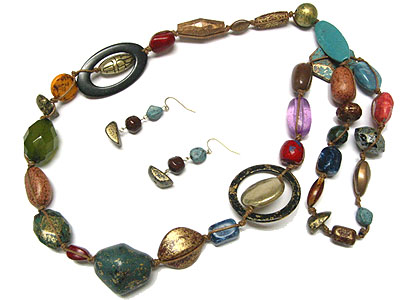 Multi shape patina beads and hoop long  necklace and earring set - hoops